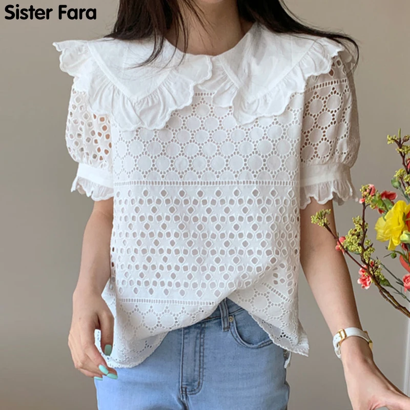 

Sister Fara Chic Lace Peter Pan Collar Women's Shirt Summer Hook Flower Hollow Loose Blouses Short Sleeve Thin Women Blouse New