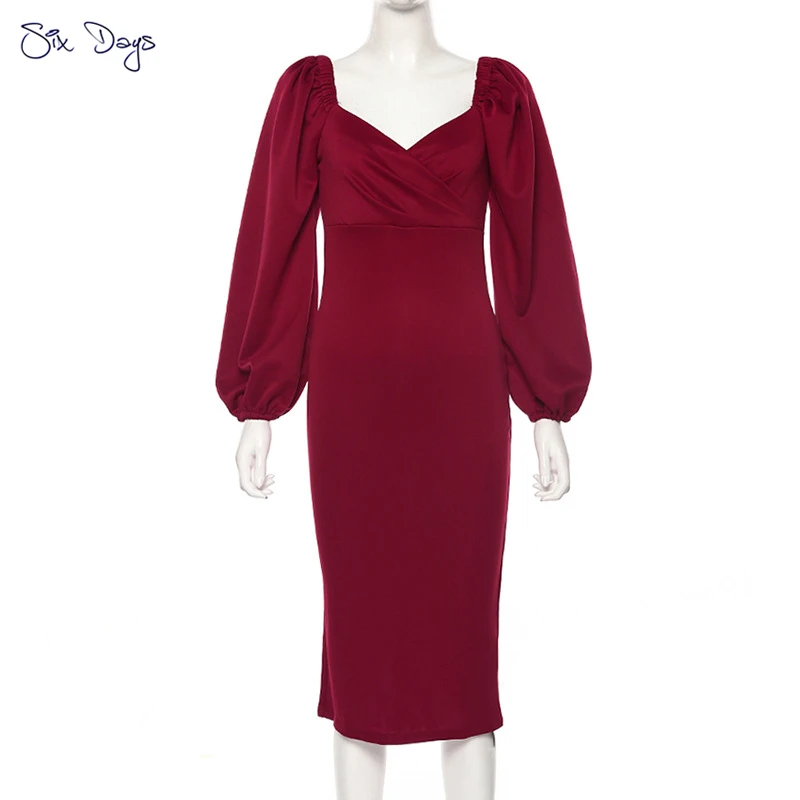 

Sexy Pure Off Shoulder Bodycon Dress Women Autumn Winter Club Party Night Red Elegant Midi Dress Mujer Female Vestidos