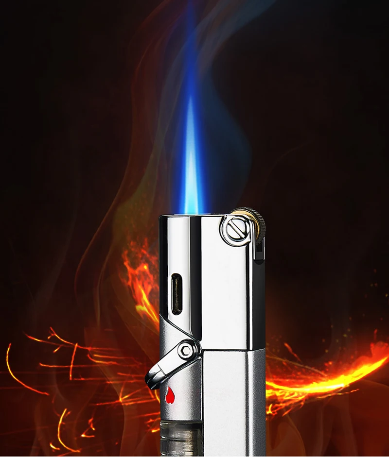 Креативная газовая зажигалка непродуваемая металлическая мини с синим пламенем
