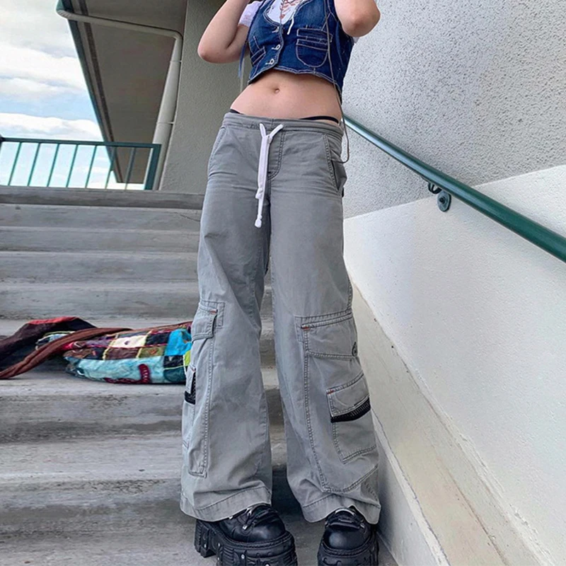 

Брюки-карго женские с широкими штанинами, шикарные джинсовые брюки оверсайз с низкой посадкой, Модные Винтажные мешковатые штаны в Корейск...