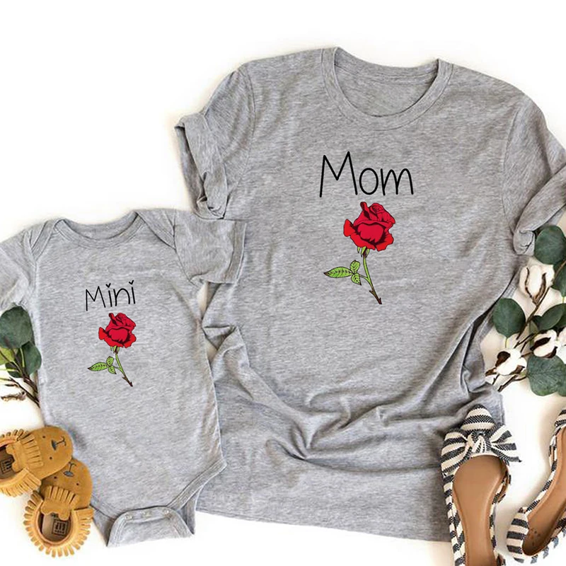 Ropa a juego para madre e hija, Mini camiseta rosa, camiseta de flores para beb&eacute;, ropa de manga corta, Top bonito de verano-2