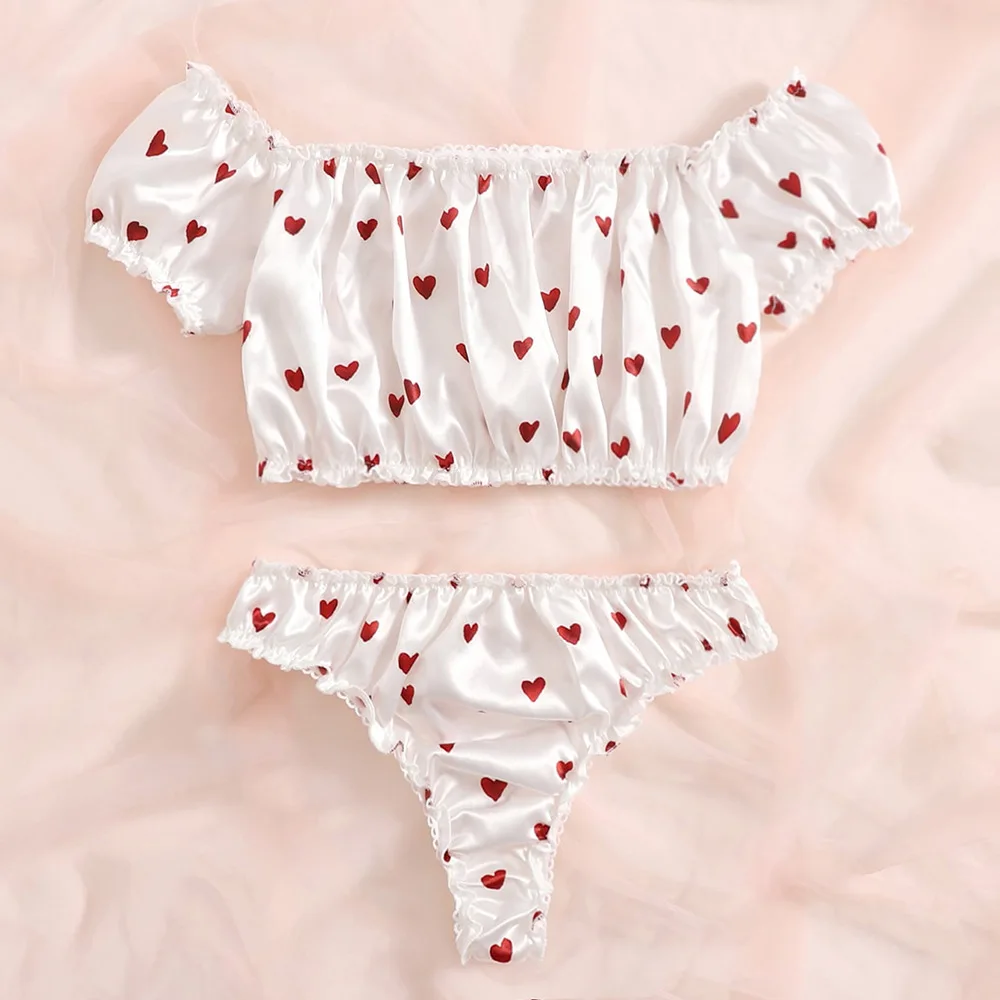 

Women Sexy Two-piece Nightwear Set, White Heart Printed Pattern Crop Tops and Panties Female Underwear, S/ M/ L/ XL