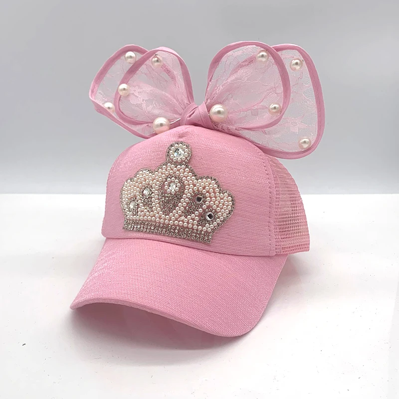 

Cute Girls Mesh cap Spring Summer Children Baseball Cap Baby Princess Snapback Hip Hop Caps Rabbit Ear Pearl Big Bow Kids Sun Ha