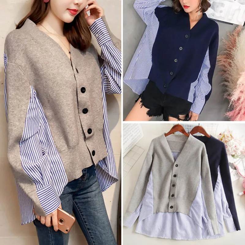

2021 spring and autumn Long Sleeve Striped Shirt stitched knitted cardigan women's loose lazy style V-Neck Sweater thin coat