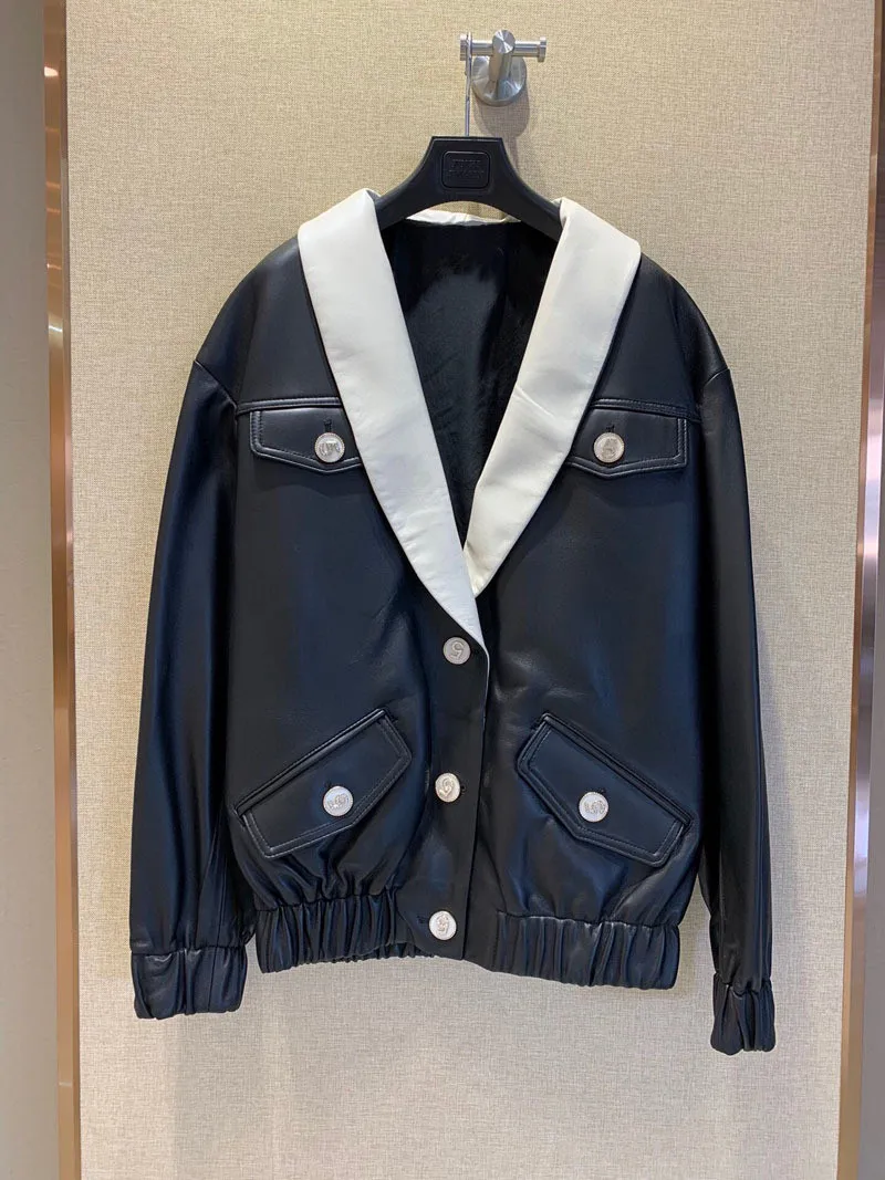 Spring Autumn New Designer Women's High Quality Genuine Leather coat Chic V-neck leather jackets C943