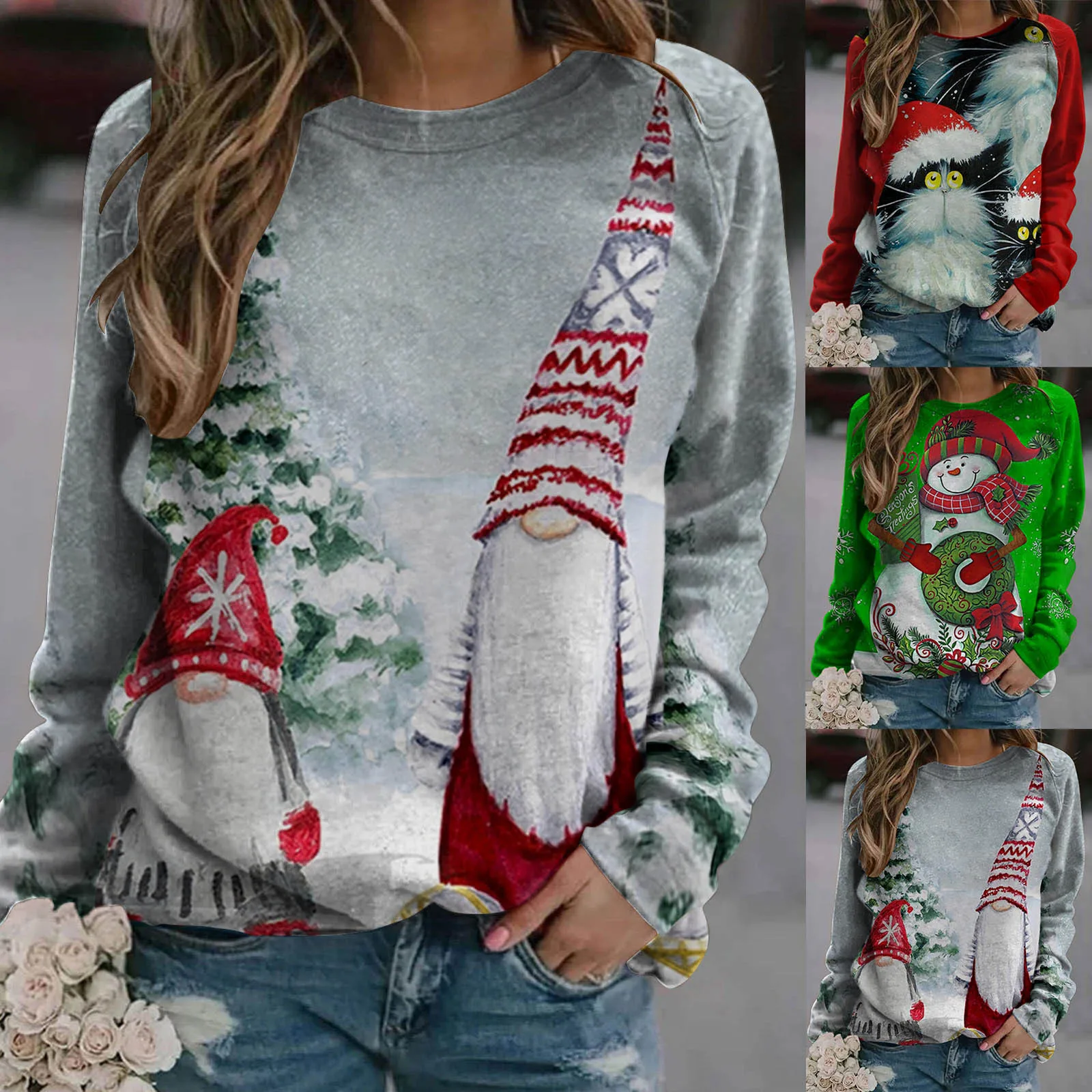 

Женский свитшот с длинным рукавом и рождественским принтом, Повседневная Блузка, пуловер, Рождественский вязаный пуловер, свитер, топ, джем...