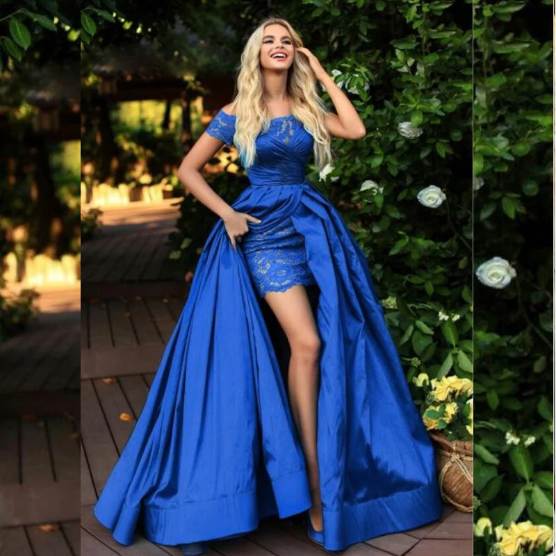 

Graceful Blue Evening Dress Satin A-Line Off The Shoulder Formal Gowns Lace Pleat Long Evening Dresses Formal Party Gowns Vestid