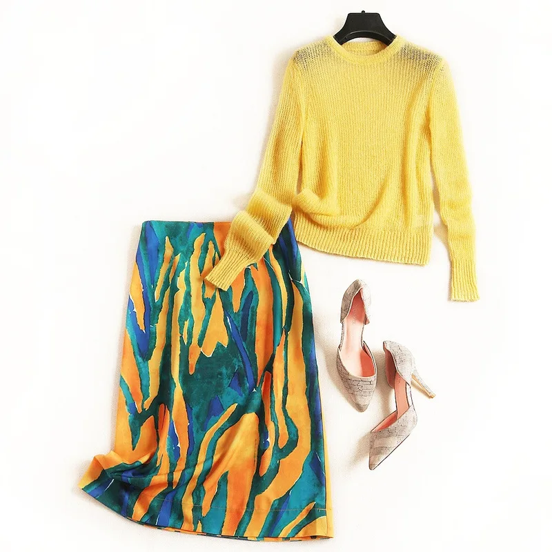 Women winter sweater mohair knitted pullovers+ goemtric print penscil skirt suit office elegant two piece set yellow - Цвет: see chart