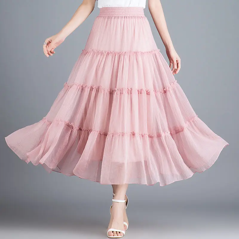 

Women Summer Casual Long Skirt Female Elastic High Waist Solid Color Skirt Women Elegant Pleated Midi Maxi Chiffon Skirts L648