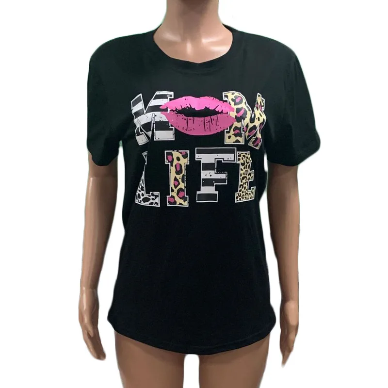 

2020 top women's mom life leopard lip print crew neck short sleeve T-shirt