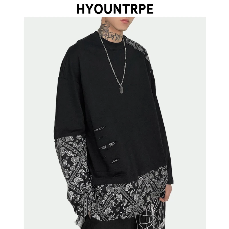 Мужские лоскутные футболки повседневные с круглым вырезом и длинными рукавами