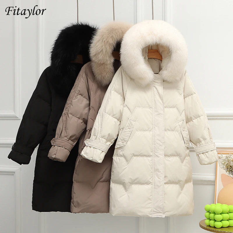 Fitaylor/зимняя длинная куртка с капюшоном и большим натуральным меховым воротником