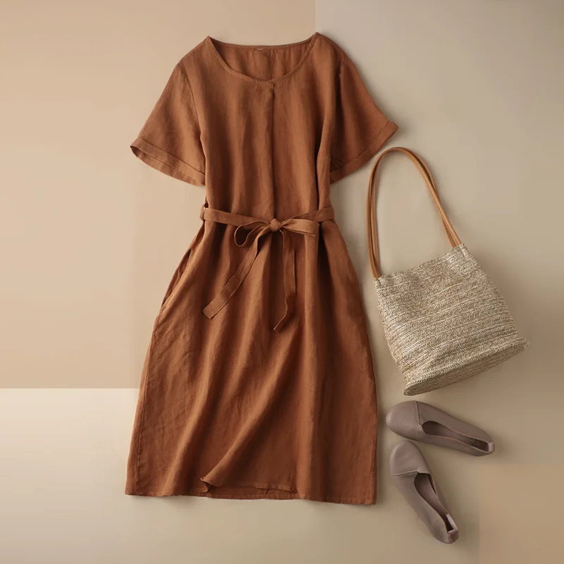 

shuchan Back To The Basics lace up dresses for women Mid-Calf Sashes Summer 100% Linen A-Line Solid Short sleeve