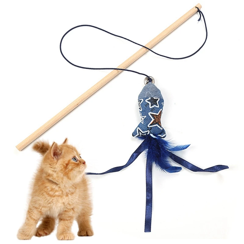 

40cm Pet Cat Teaser Toys Feather Linen Wand Cat Catcher Teaser Stick Cat Interactive Toys Wood Rod Toys for Cats with Mini Bell
