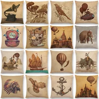 Svintage Cushion Cover gramophone adventure By Airship hot air balloon sailing Home Decor Throw Pillowcase Polyester and linen
