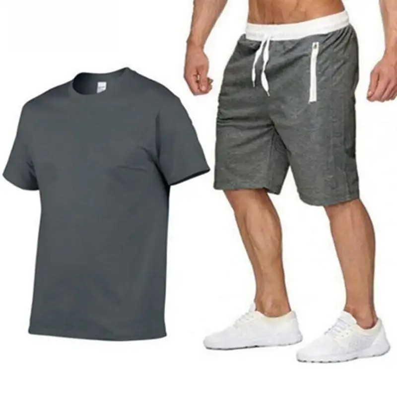 

Men's Sets Summer Solid Color Round Neck Casual T-Shirt Zipper Pocket Lace Up Breathable Shorts Fitness Exercise Two Piece Sets