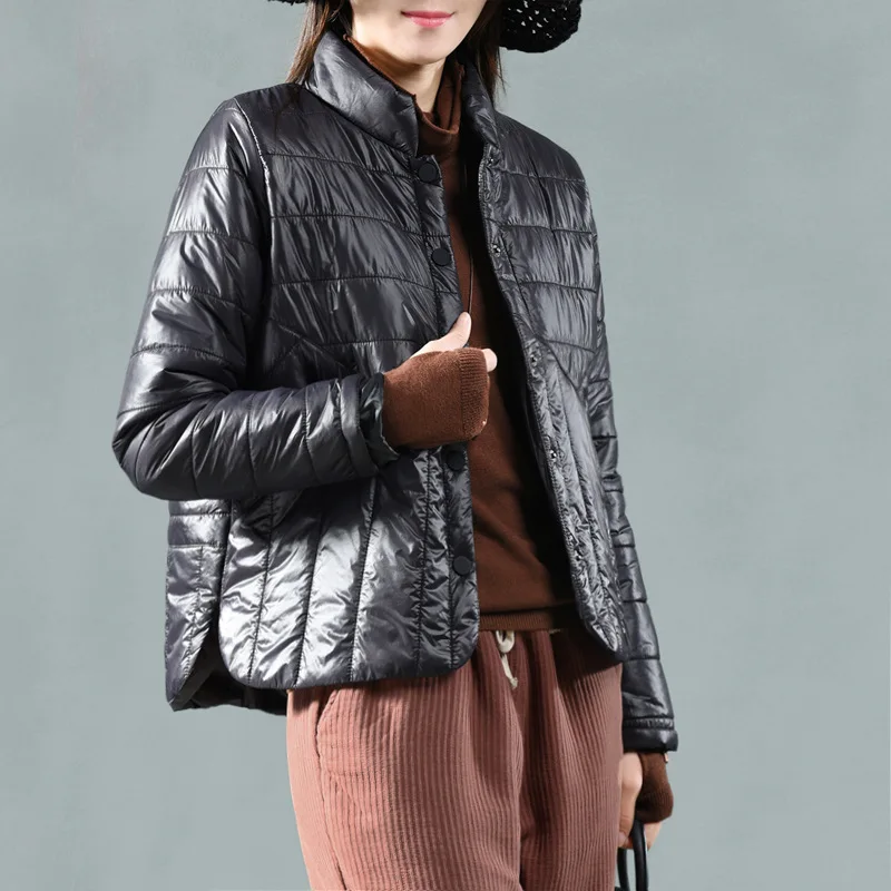 Fashion winter new loose solid color bright down cotton warm jacket stand collar long sleeve quilted clothing women | Женская одежда