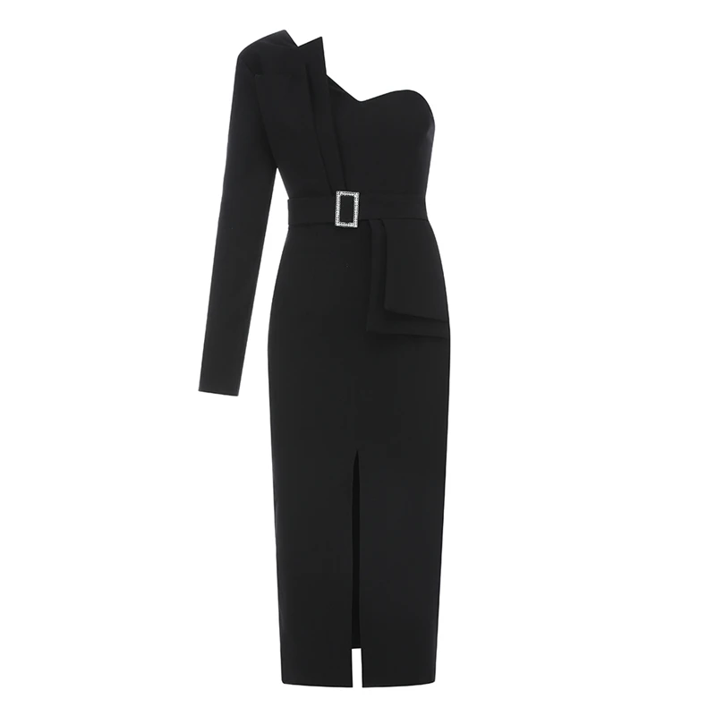 INDRESSME, новинка, пряжка на пояс, передний разрез, Vestidos, модное, на одно плечо, с длинным рукавом, плиссированное, укороченные, женские, вечерние, облегающее платье - Цвет: Black