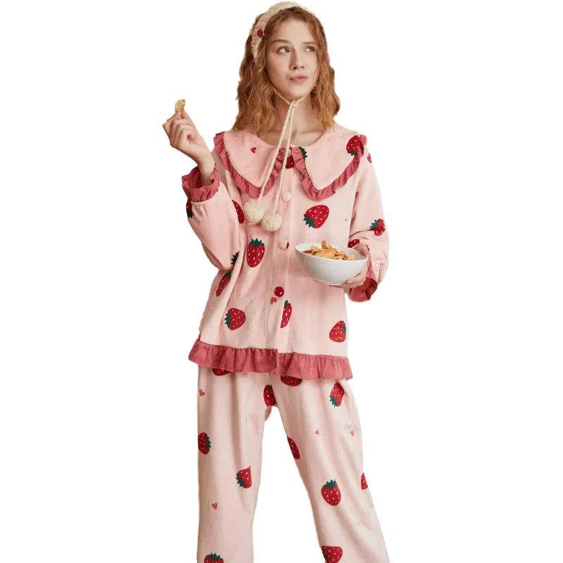 

Women Pajamas Sets Autumn Winter Warm Long Sleeve Casual Sleepwear Homewear 2 Pieces Kawaii Girls Strawberry Print Loungewear