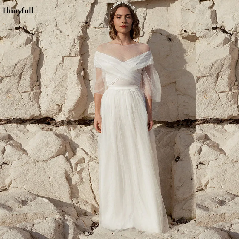 

Thinyfull 2021 Tulle Beach Wedding Dresses Puffy Sleeves Boho Mairage Gowns Sheer Scoop Simple Bride Dress Robes Mariage