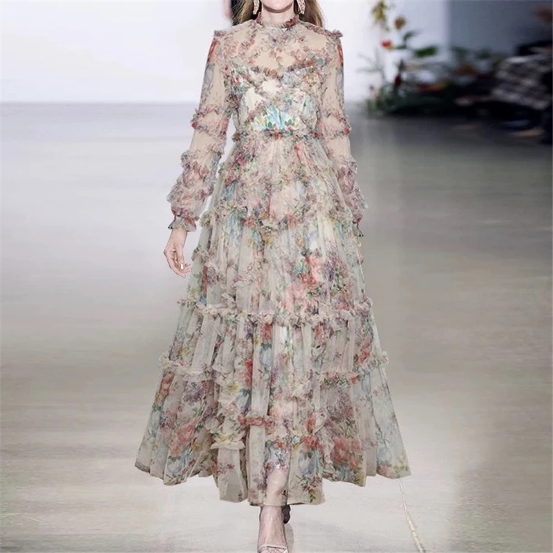 

Stand Collar Lantern Sleeve Ruffles Floral Printed Women Long Gauze Dress High Waist Down Shawl Swing Lady Party Dress