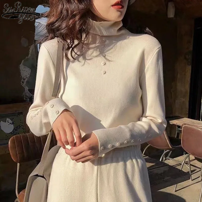 

Autumn Winter Solid Color Long Sleeve Women's Sweater 2021 New Slim Women's Women's Turtleneck with Buttons Korean Style 11954