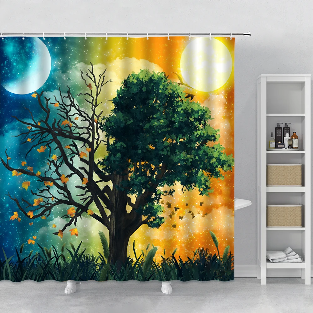

Oil Painting Scenery Shower Curtain Watercolor Starry Sky Sun Moon Tree Ocean Landscape Aesthetic Art Polyester Bath Curtain