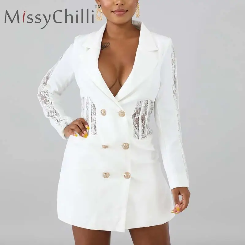 MissyChilli кружевное открытое лоскутное платье-блейзер женское белое двубортное