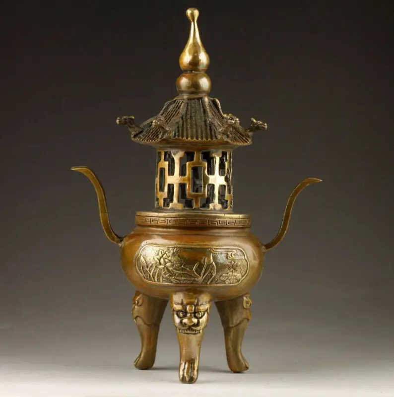 

Chinese Brass Carving Buddha Tower Stupa Pagoda Incense Burner Censer