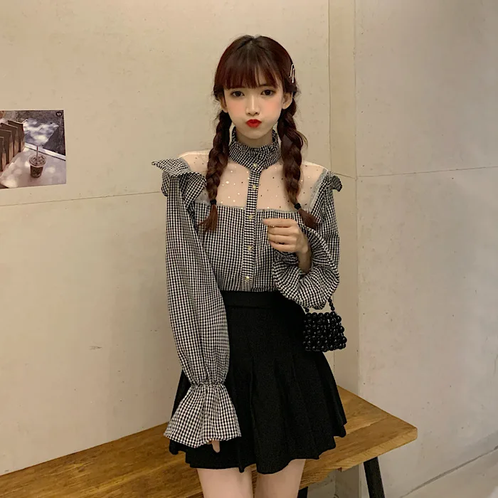 

Flare Sleeve Plaid Stand Women's Clothing Crop Top Autumn Sweet Style Mesh Ruffles Ladies Shirts Fashion Brand Korean Clothes