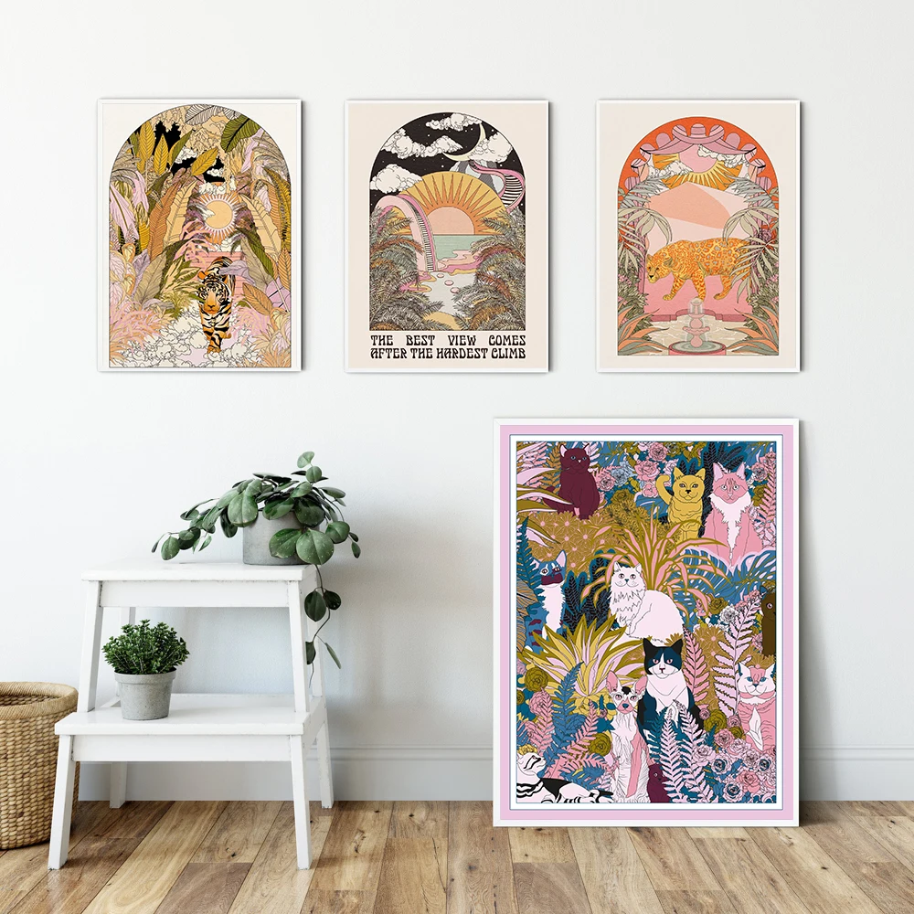 Постеры с тропическими растениями подсолнухом горами принтом садом кошками