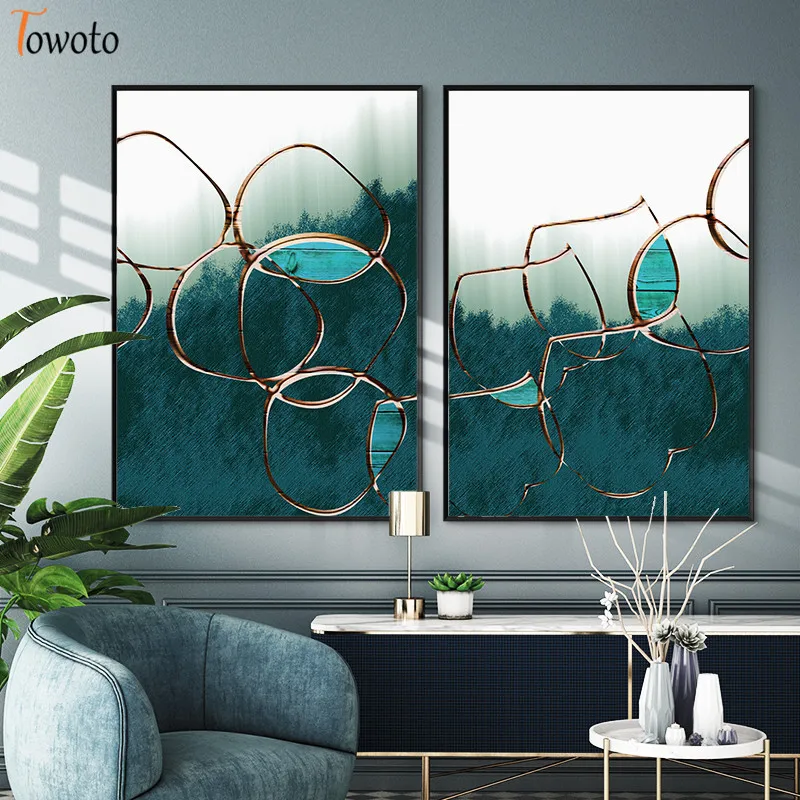 Изумрудная зеленая абстрактная Золотая живопись Большой размер плакат печать