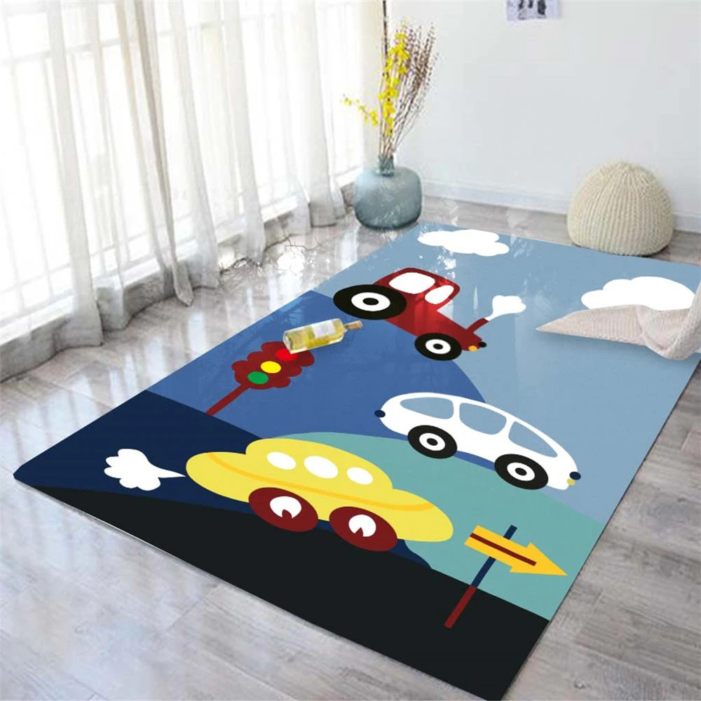 

Cartoon Rug Carpet Cars Rocket Boys Room Floor Area Rug Decor Play Mat Parlor Soft Baby Crawling Sports Ball Living Room Carpet