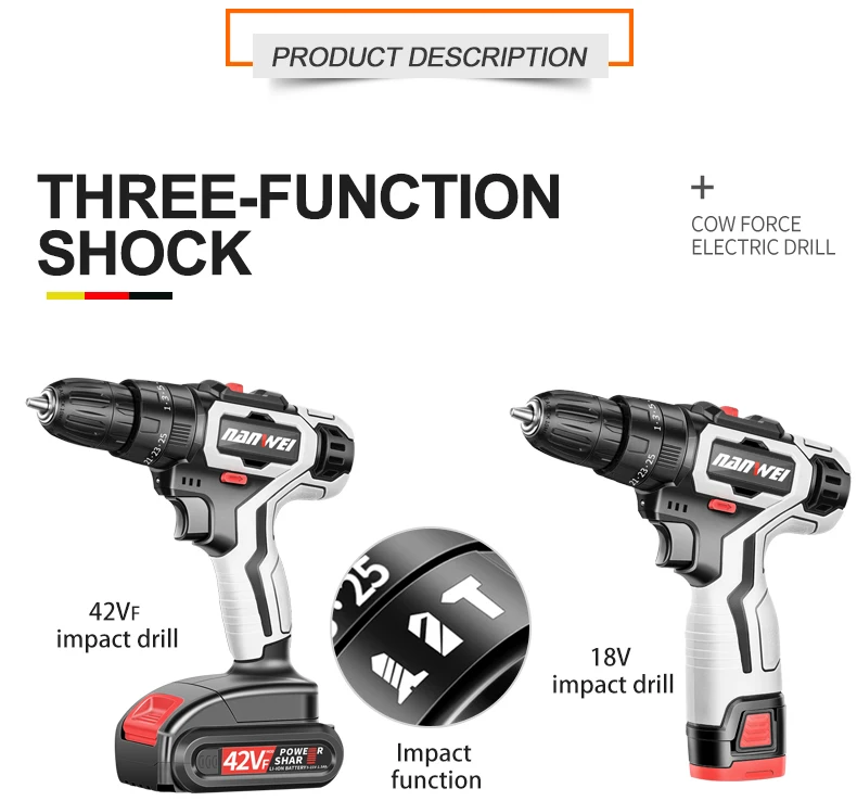 12V18V 42VF ударная Аккумуляторная дрель электрическая шуруповерт мини беспроводной драйвер питания постоянного тока литий-ионный аккумулятор 3/8-In
