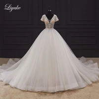 liyuke gorgeous deep v neckline ball gown wedding dress sparkle rhinestones skin nude tulle vestido de noiva of short sleeve