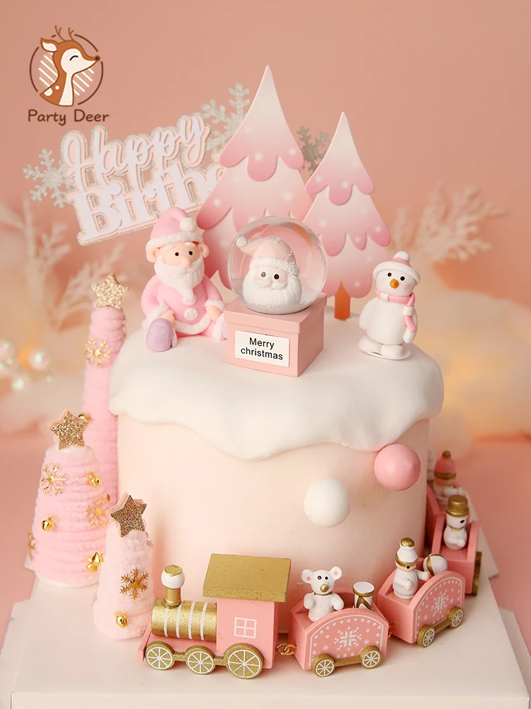 Розовый медведь для рождественской елки Санта Клаус Рождественский торт Топпер