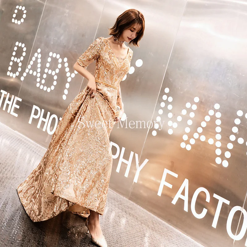 

2021 Black Blue Shining Sequins Long Sleeve Evening Dresses Women Wedding Party Vintage Robe Long Prom Vestidos