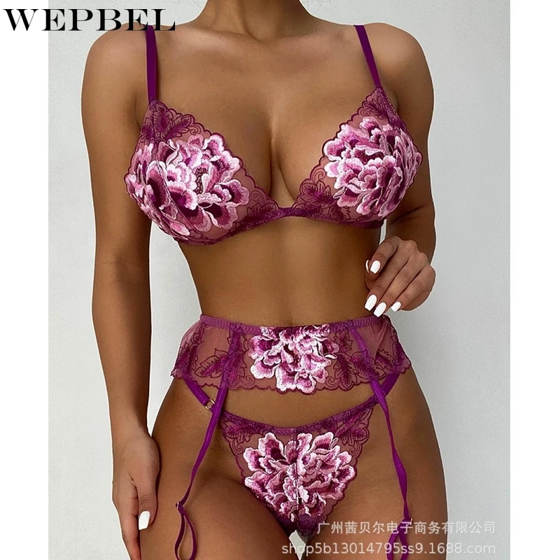 

WEPBEL Women's Embroidered Lace Stitching Underwear Set Fashion Bandage Mesh Panties + Spaghetti Strap Bra Suit