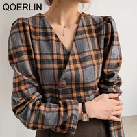 qoerlin 3xl womens elegant blouse plus size vintage sexy v neck plaid crop top shirts womens one button jacket shorts blouse