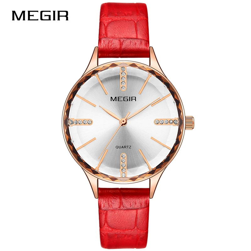 Red Модные женские кварцевые наручные часы MEGIR, кожаный ремешок простой, женские часы, водонепроницаемые, повседневные, для девочек, Relogio Femininos - Цвет: Red