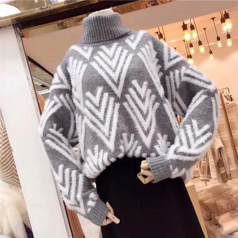 

2021 Womens Winter New Turtleneck Sweater Female Fashion Long Sleeve Loose Thick Pullovers Casual Sweet Warm Wool Sweaters Tops