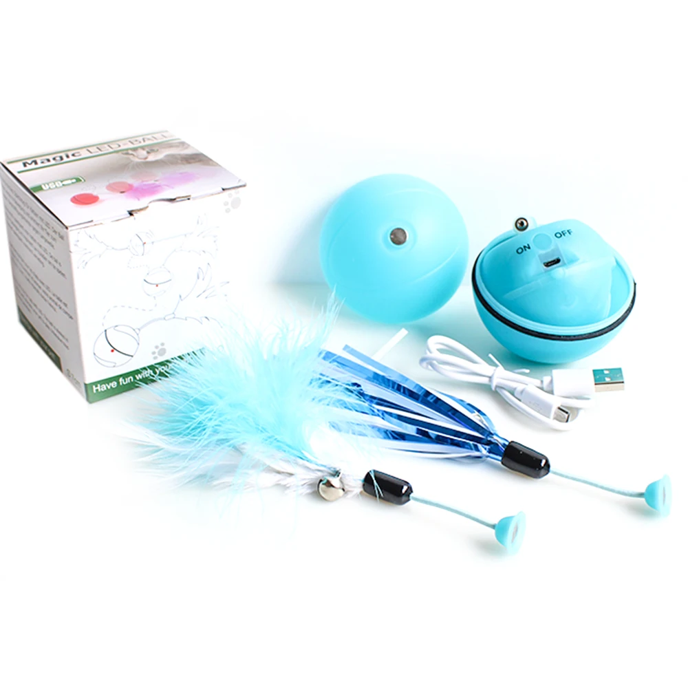 

LED Cat Ball USB Rechargeable Interactive Cat Toy Electric Automatic Rolling Ball Pet Toys with Detachable Feather