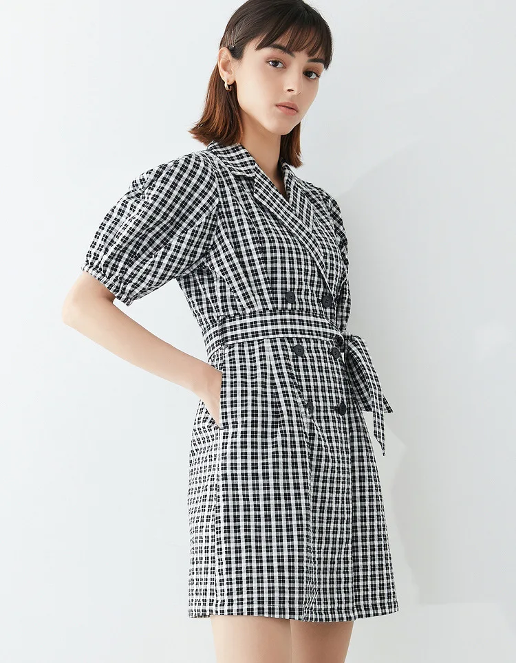 

2021 spring and summer new Plaid bubble sleeve Lapel double row button Mini Plaid Dress women's skirt-0360