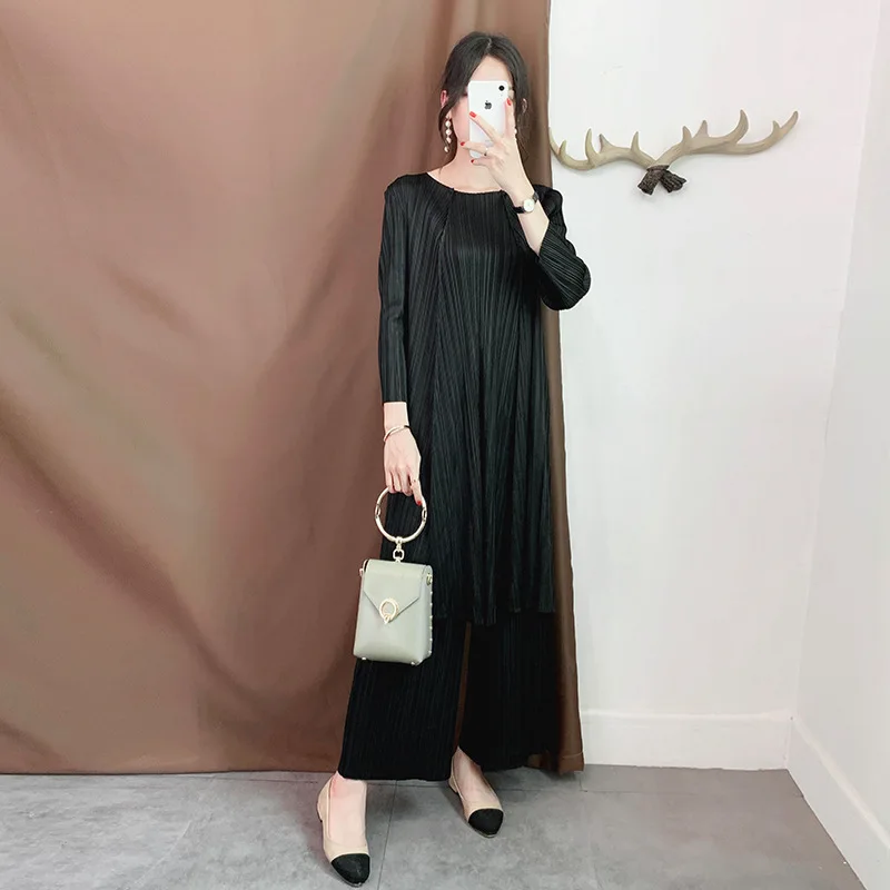 Женский плиссированный пуловер топы брюки костюм со складками Осенний Модный