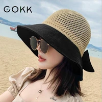cokk summer hats for women knitted breathable foldable sun hat with bow sun protection sunshade korean beach hat cap travel new