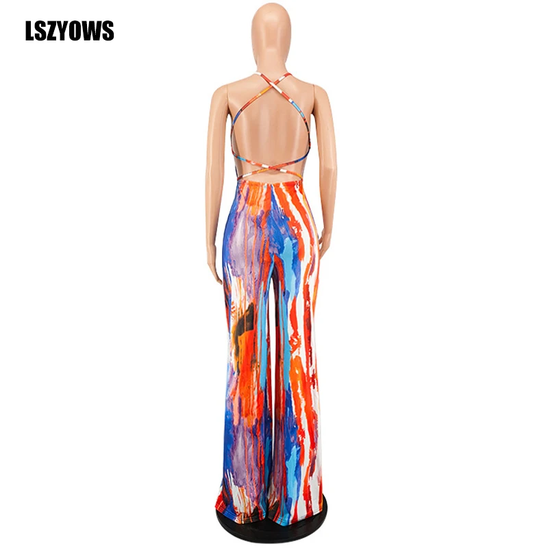 

Women Sexy Printed Backless Long Jumpsuits Fashion Lace Up Sleeveless Wide Leg Rompers Summer Spaghetti Straps jumpsuit Overalls
