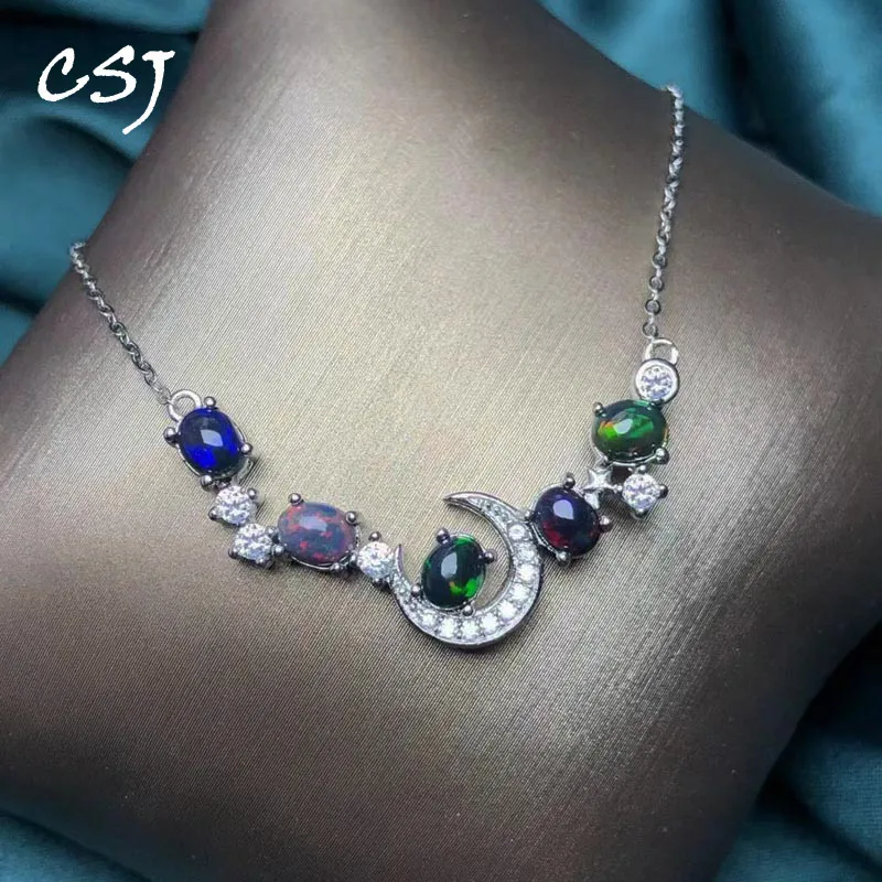 CSJ Luxurious Natural Black Opal Necklace Sterling 925 Silver Pendant for Women Wedding Engagement Party Gift Fine Jewelry