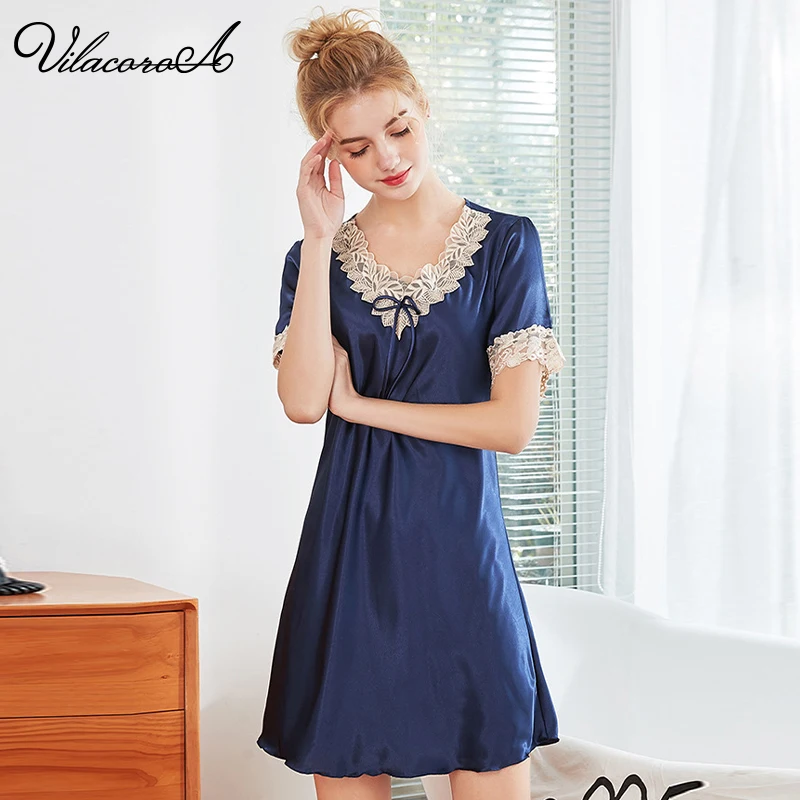 

V-Neck Satin Women Shirt Dress Sleepwear Lace Embroidery High Quality Short Nightdress Home Clothing Elegant Nightie Female