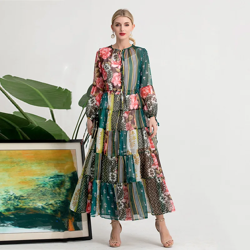 

2021 Autumn Socialite's Elegant Dark Green Print Dress Has The Aura of A Commuter Midwaisted Jumper Dresses for Women
