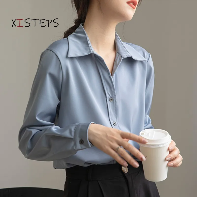 2021 High Quality Satin Blouses For Women OL Style Button Up White Shirts Long Sleeve Turn-down Collar Tops Loose Clothes
